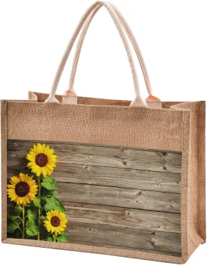 CaTaKu Sunflower Wooden Jute Tote Bags with Handles & Zipper Large Shopping Grocery Bags Burlap Bags with Front Canvas Pocket Gift Bags for Women 17" x 13"