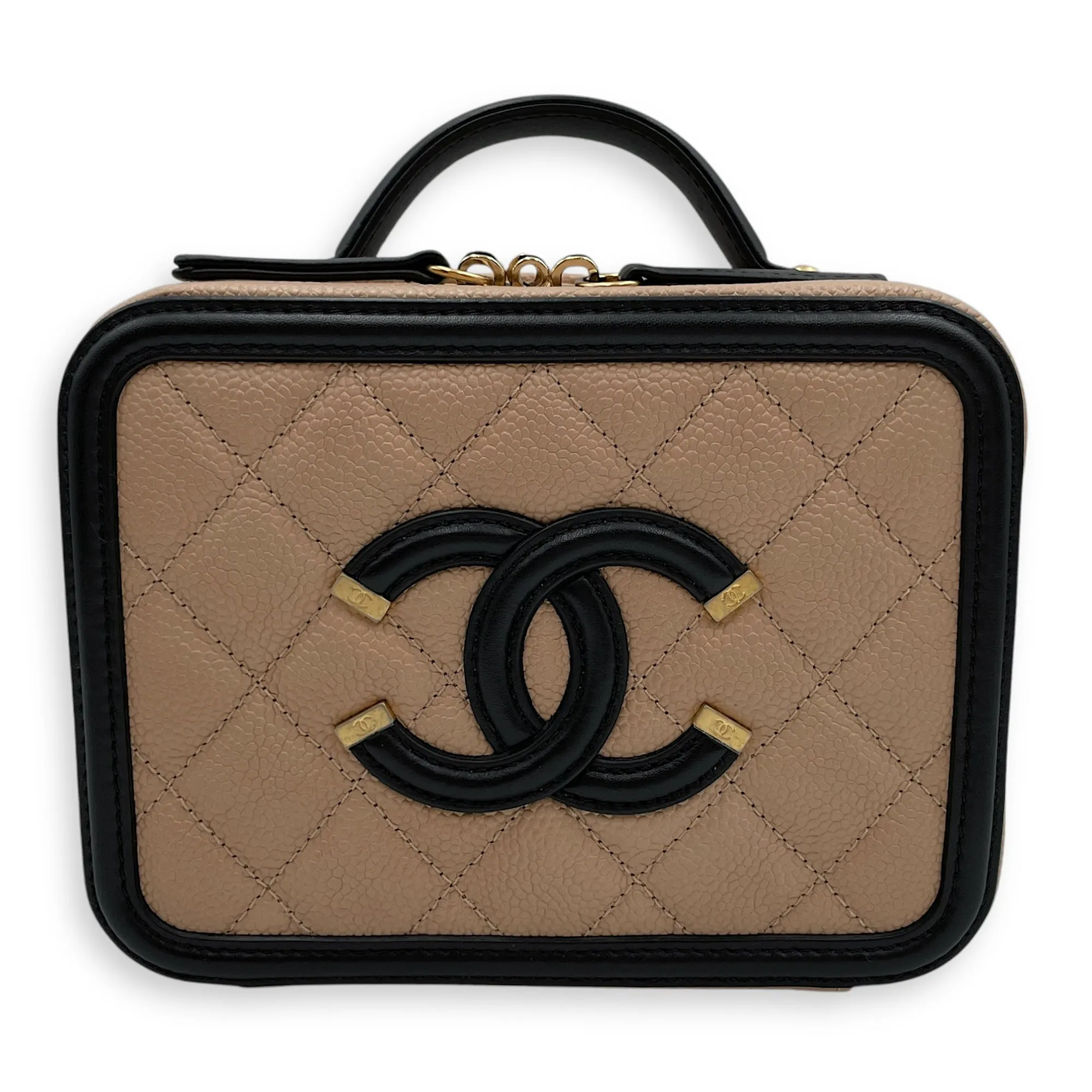 CC Filigree Beige/Black Crossbody Bag in Caviar Leather, Gold hardware