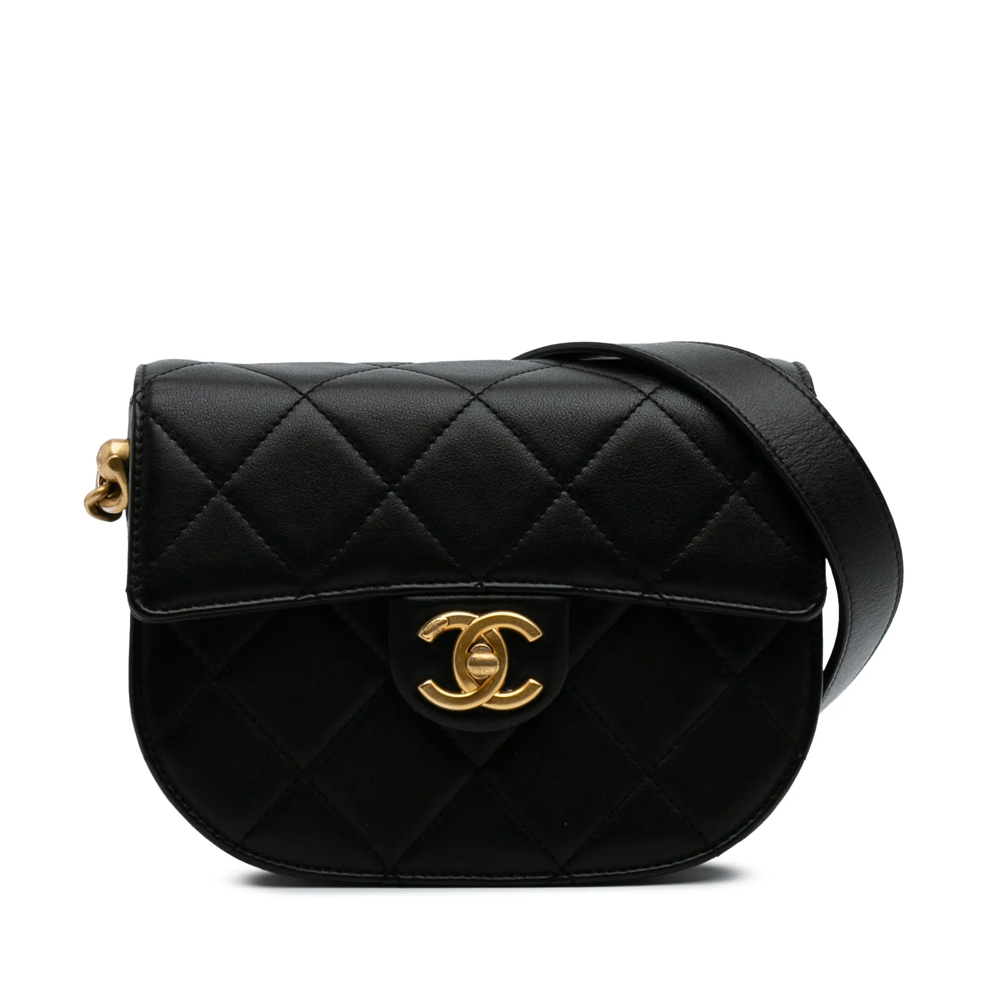 CC Quilted Calfskin Round Moon Messenger Flap