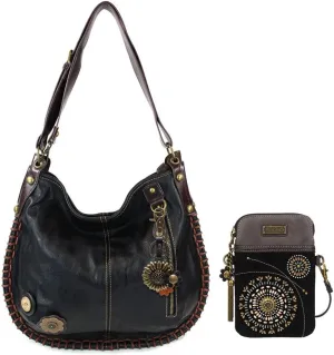 CHALA Hobo Style Large Bag Shoulder Purse with & Chala Zip Wallet Combo Set (Black Metal Sunflower & Dazzled Crossbody Combo)