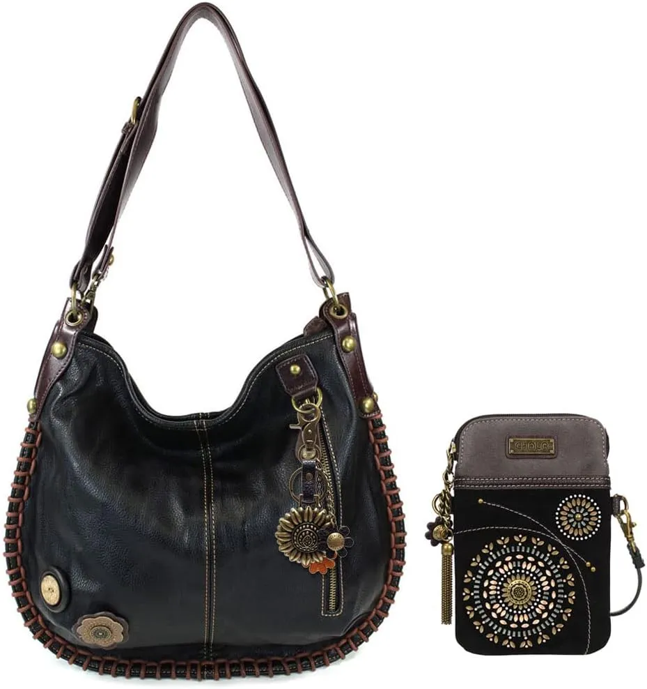 CHALA Hobo Style Large Bag Shoulder Purse with & Chala Zip Wallet Combo Set (Black Metal Sunflower & Dazzled Crossbody Combo)
