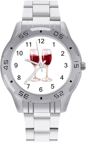 Champagne Red Wine Glasses Simple Wrist Watches for Men Silver Casual Big Face Dress Watch Easy to Read