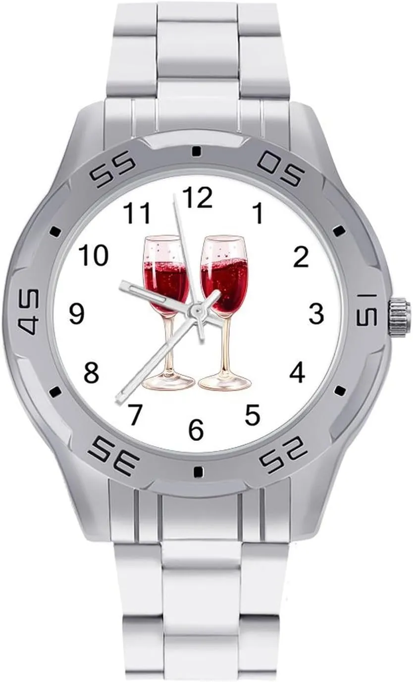 Champagne Red Wine Glasses Simple Wrist Watches for Men Silver Casual Big Face Dress Watch Easy to Read