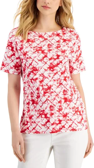 Charter CIub Womens Cotton Printed Boat Neck Top Red Barn Combo L