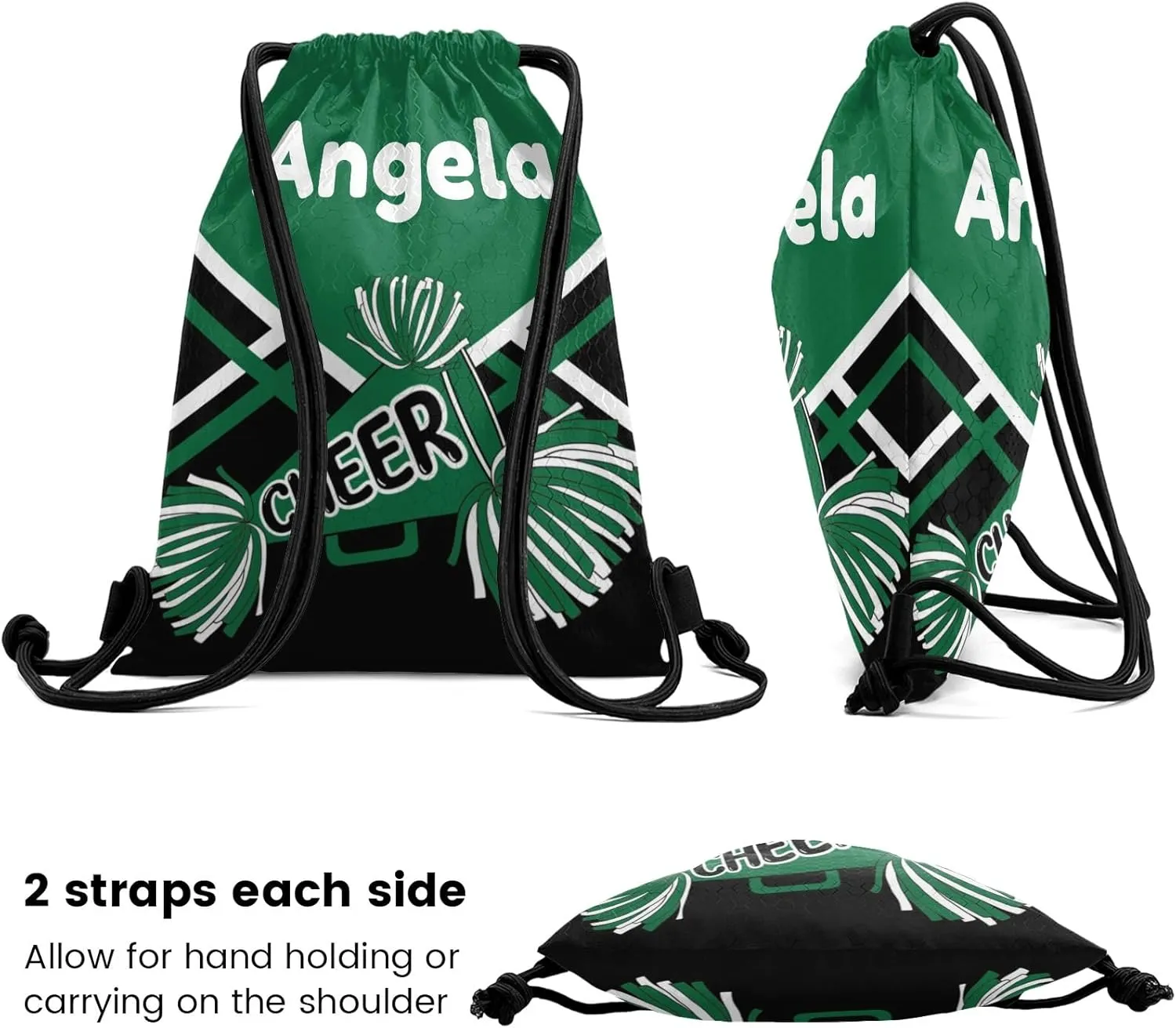 Cheer Waterproof Drawstring Backpack for Sports Gym for Sackpack String Bag for Basketball Bag Pom Cheerleader Green Black