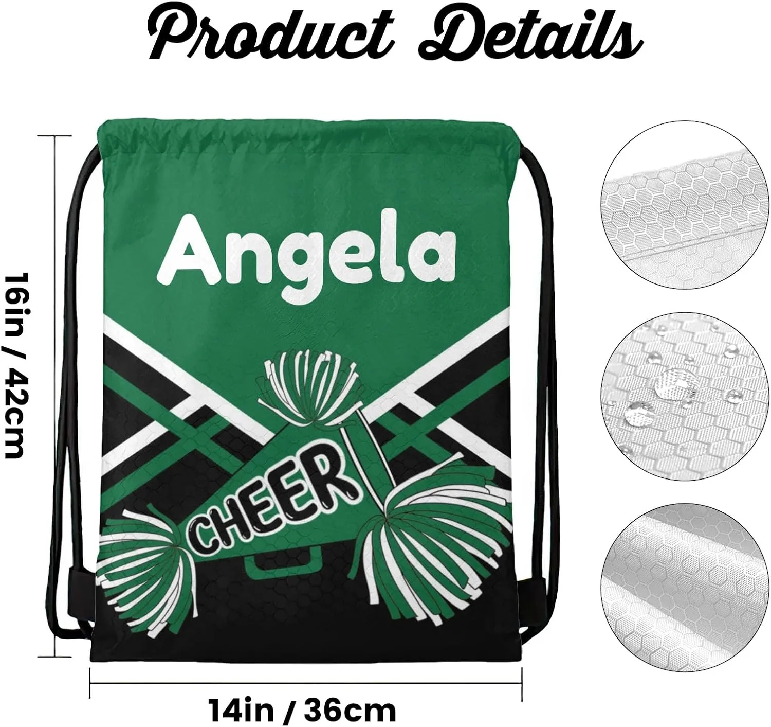 Cheer Waterproof Drawstring Backpack for Sports Gym for Sackpack String Bag for Basketball Bag Pom Cheerleader Green Black