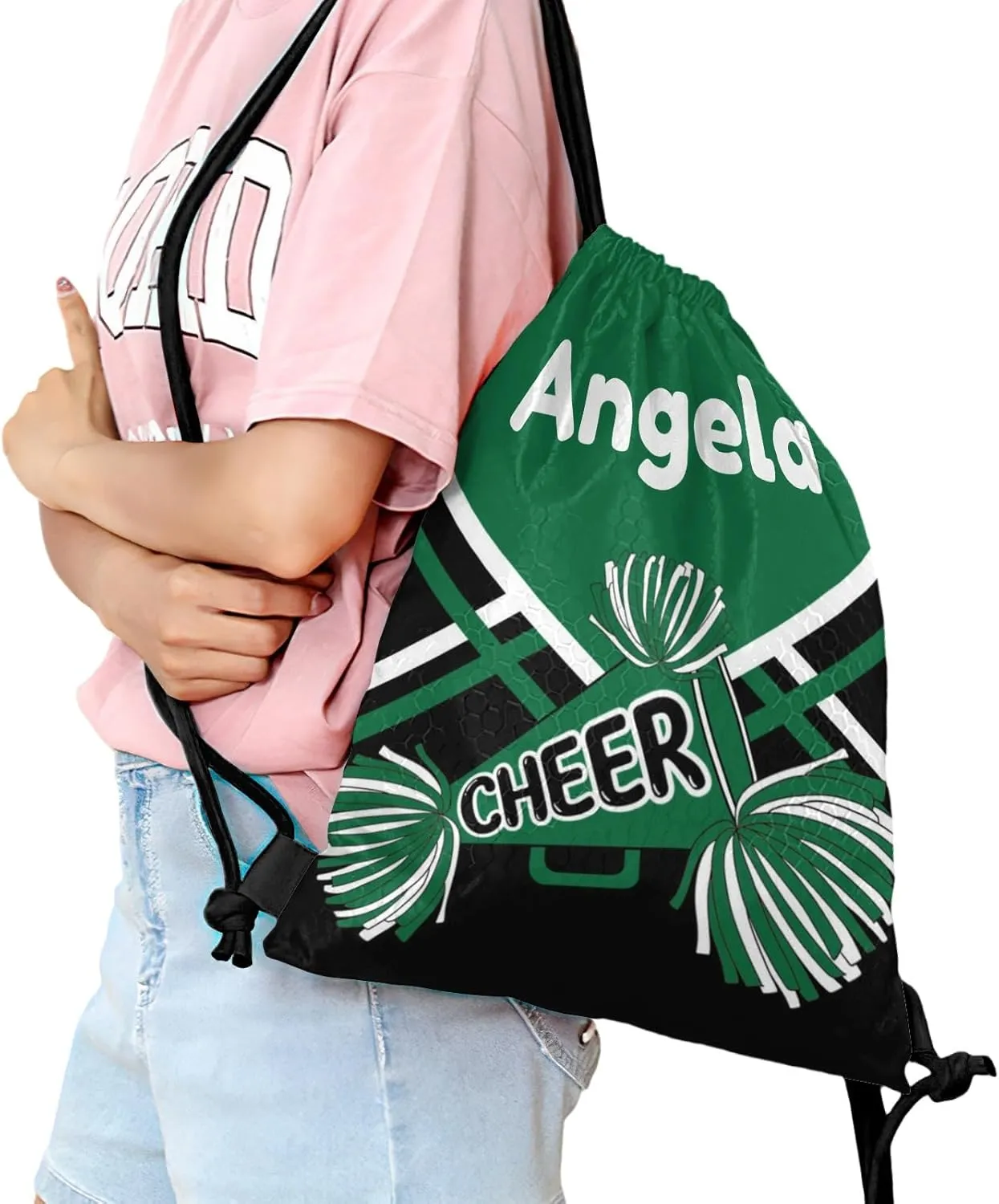 Cheer Waterproof Drawstring Backpack for Sports Gym for Sackpack String Bag for Basketball Bag Pom Cheerleader Green Black