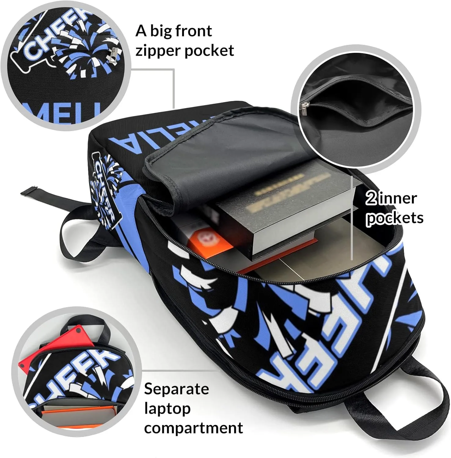 Cheerleader Blue 3 Personalized Backpack for Teen Boys Girls,Custom Travel Backpack Bookbag Casual Bag Name Gift