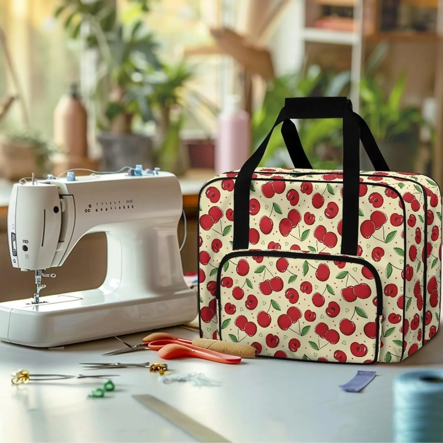 Cherry Sewing Machine Tote Bag Two Way Zipper Household Sewing Machine Handbags Portable Sewing Machine Case for Outdoor Traveling Camping Use (Bag Only)