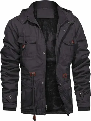CHEXPEL Men's Thick Winter Jackets with Hood, Fleece Lining, Cotton Military Work Jackets with Cargo Pockets, Outwear