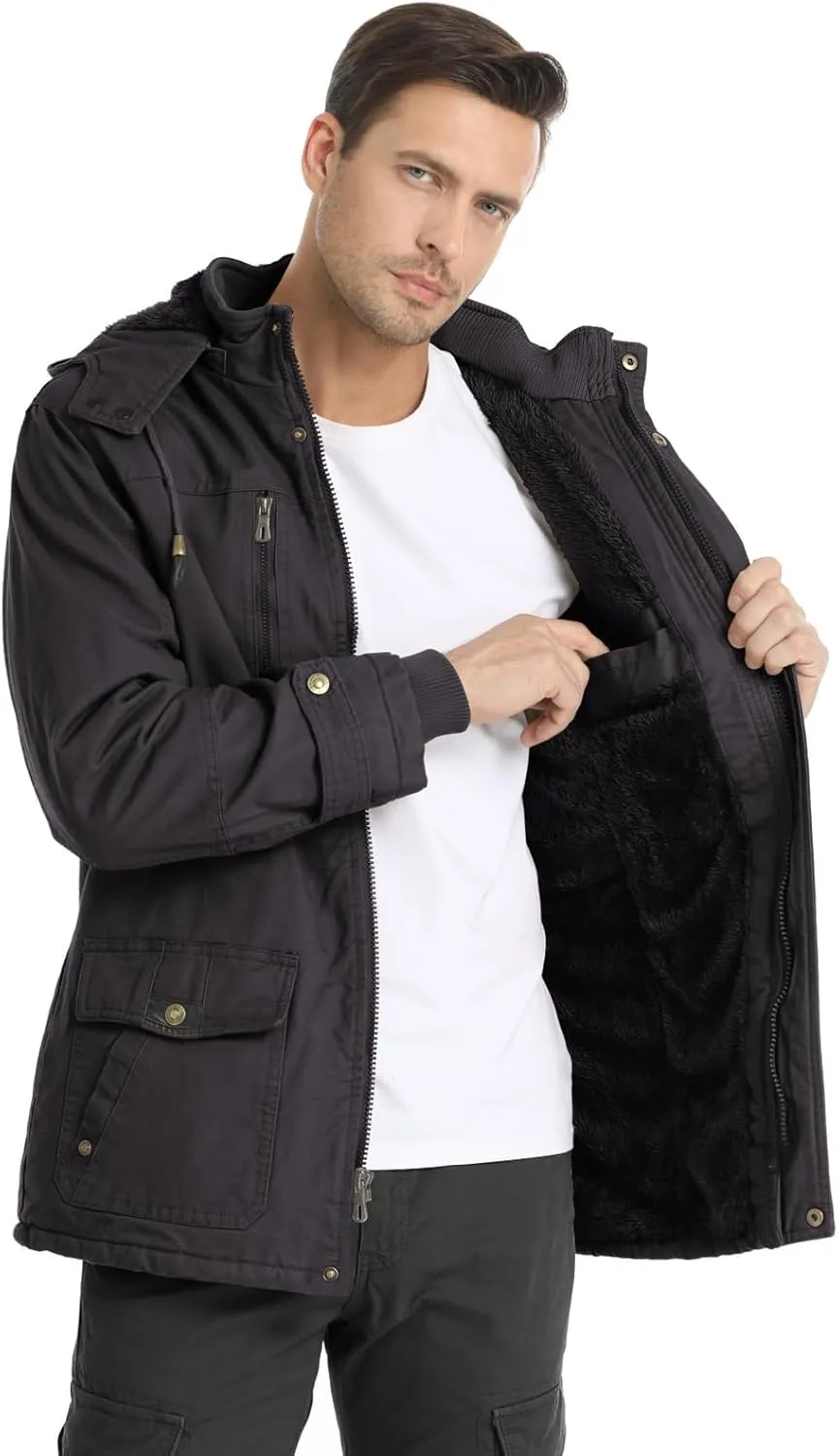 CHEXPEL Men's Thick Winter Jackets with Hood, Fleece Lining, Cotton Military Work Jackets with Cargo Pockets, Outwear