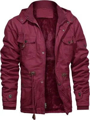 CHEXPEL Men's Thick Winter Jackets with Hood, Fleece Lining, Cotton Military Work Jackets with Cargo Pockets, Outwear