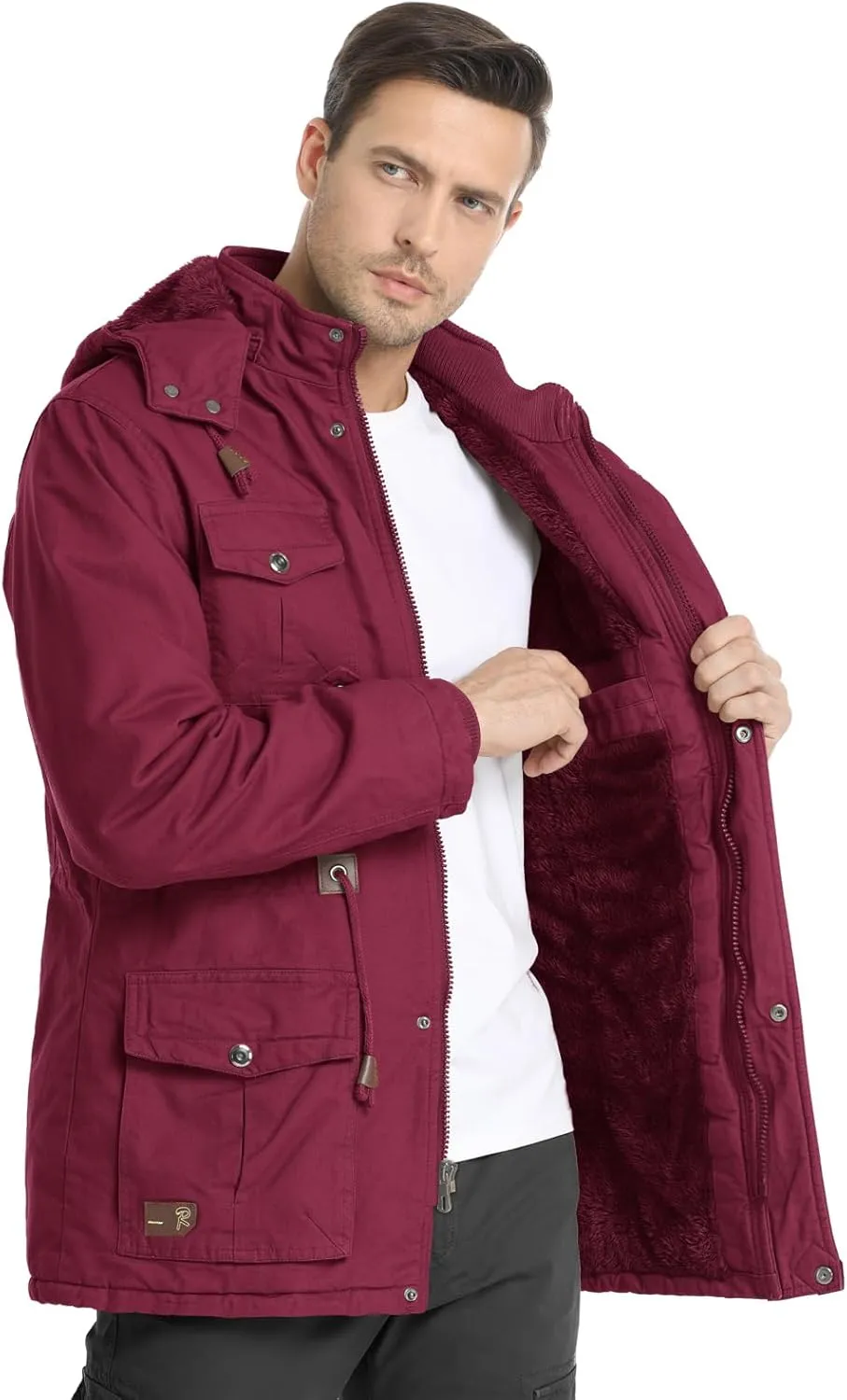 CHEXPEL Men's Thick Winter Jackets with Hood, Fleece Lining, Cotton Military Work Jackets with Cargo Pockets, Outwear