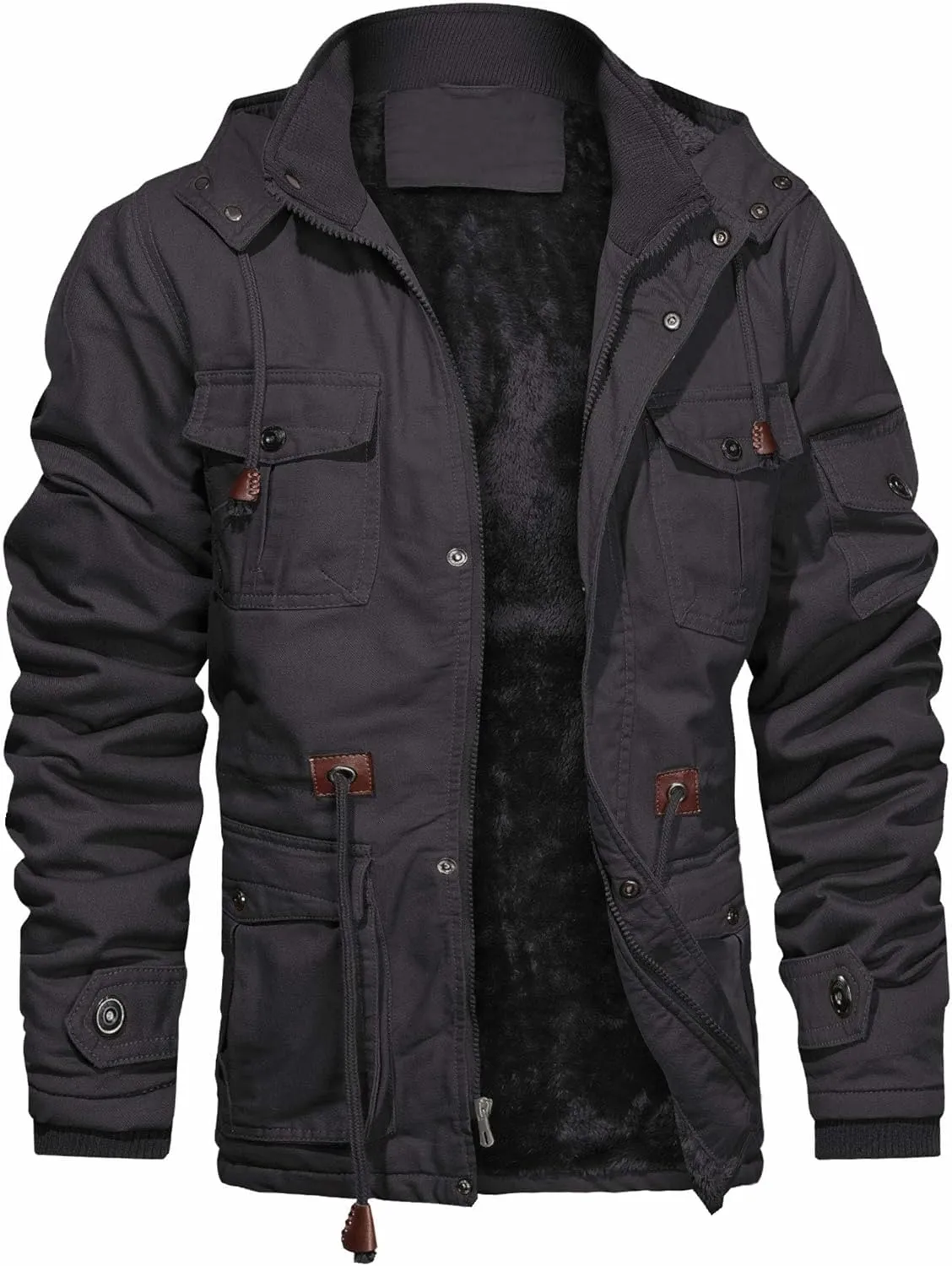 CHEXPEL Men's Thick Winter Jackets with Hood, Fleece Lining, Cotton Military Work Jackets with Cargo Pockets, Outwear