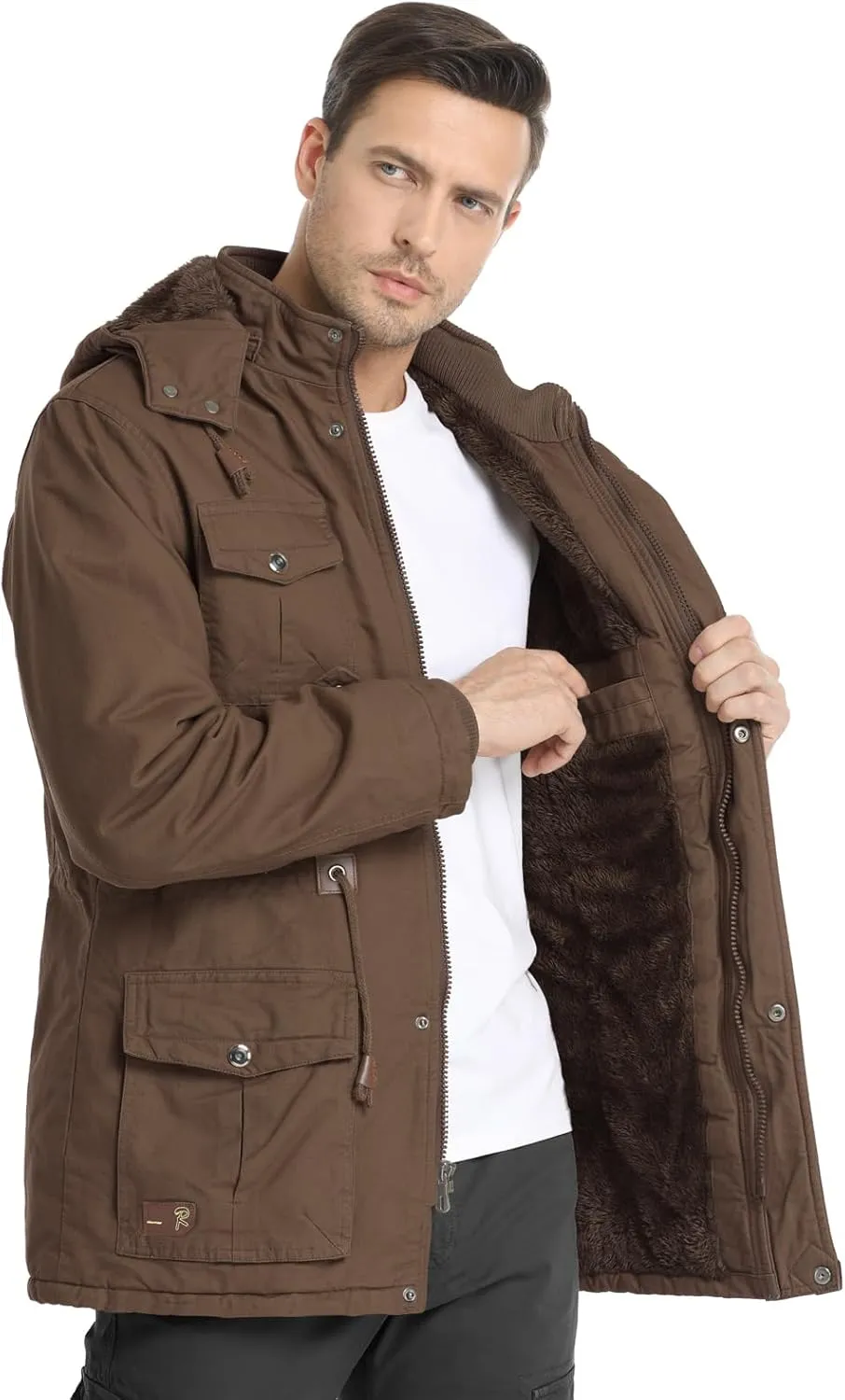 CHEXPEL Men's Thick Winter Jackets with Hood, Fleece Lining, Cotton Military Work Jackets with Cargo Pockets, Outwear