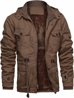CHEXPEL Men's Thick Winter Jackets with Hood, Fleece Lining, Cotton Military Work Jackets with Cargo Pockets, Outwear