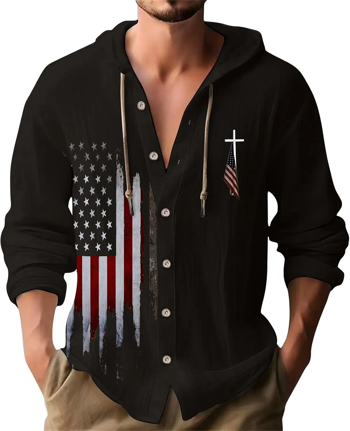 Christian Hoodies Shirts for Men Patriotic 4th of July Button Down Shirt American Flag Graphic Printed Memorial Day Outfits