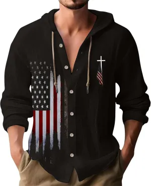 Christian Hoodies Shirts for Men Patriotic 4th of July Button Down Shirt American Flag Graphic Printed Memorial Day Outfits
