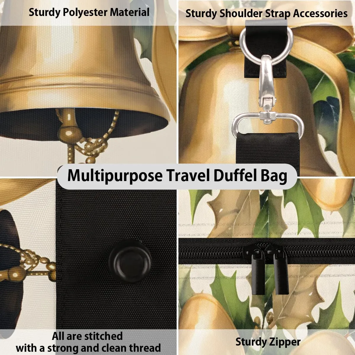 Christmas Bells Bow Travel Duffel Bag for Women Men Waterproof Foldable Overnight Weekender Bag Large Capacity Sports Gym Bag