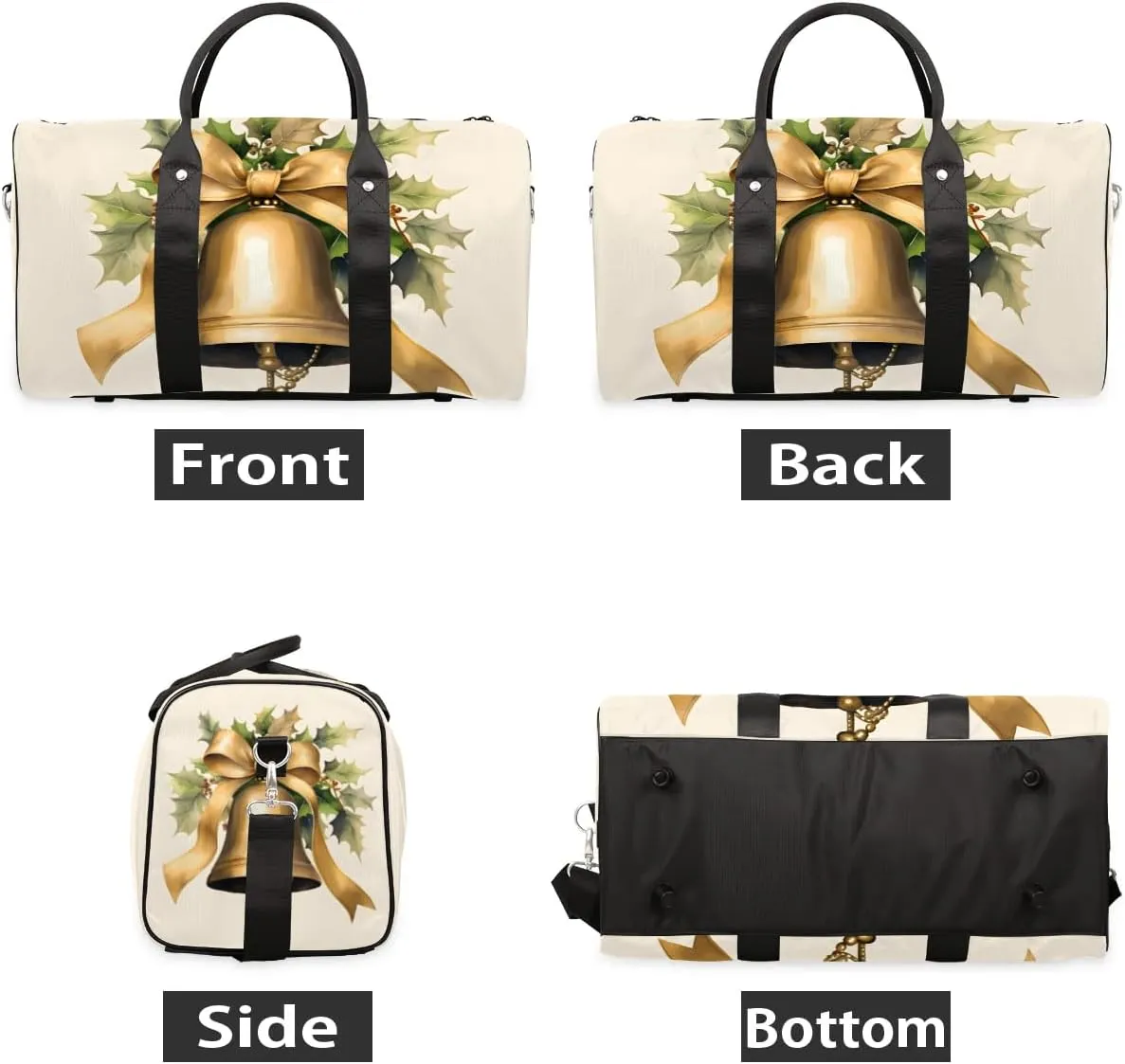Christmas Bells Bow Travel Duffel Bag for Women Men Waterproof Foldable Overnight Weekender Bag Large Capacity Sports Gym Bag