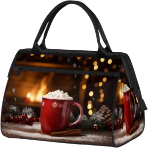 Christmas Mug Fireplace Gym Bag for Women Men, Travel Sports Duffel Bag with Trolley Sleeve, Waterproof Sports Gym Bag Weekender Overnight Bag Carry On Tote Bag for Travel Gym Sport