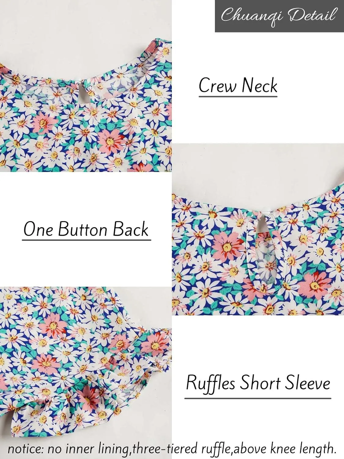 Chuanqi Womens Ruffles Boho Floral Printed Babydoll Loose Swing Casual Short Mini T-Shirt Dress