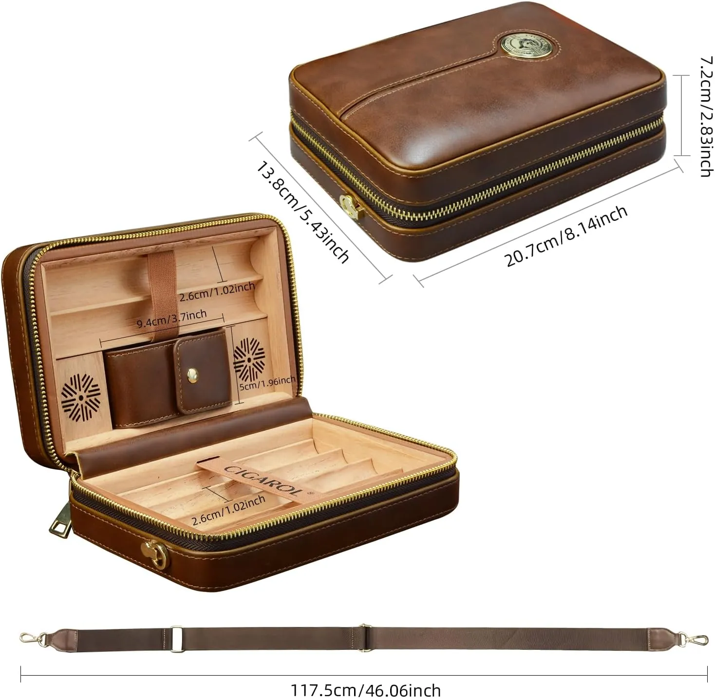CIGAGROL Travel Cigar Humidor Case with Shoulder Strap, Leather & Wood Cigar Humidor Box for 6 Cigars, Humidifier Included, Ideal for Business and Leisure Travel, Portable and Stylish