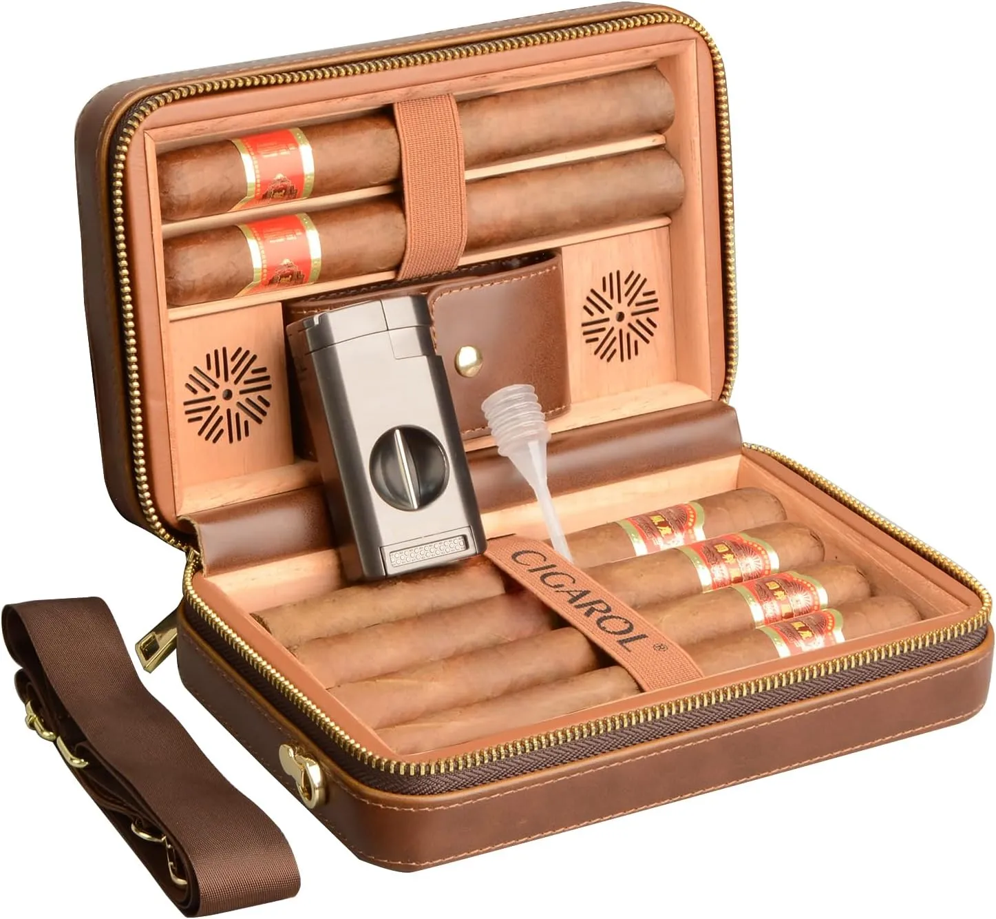 CIGAGROL Travel Cigar Humidor Case with Shoulder Strap, Leather & Wood Cigar Humidor Box for 6 Cigars, Humidifier Included, Ideal for Business and Leisure Travel, Portable and Stylish