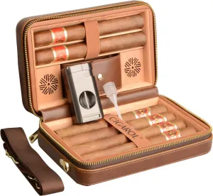 CIGAGROL Travel Cigar Humidor Case with Shoulder Strap, Leather & Wood Cigar Humidor Box for 6 Cigars, Humidifier Included, Ideal for Business and Leisure Travel, Portable and Stylish