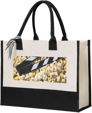 (Cinema Movie Clapboard And Popcorn) Canvas Tote Bag Beach Travel Shoulder Bag Shoulder Tote Gifts