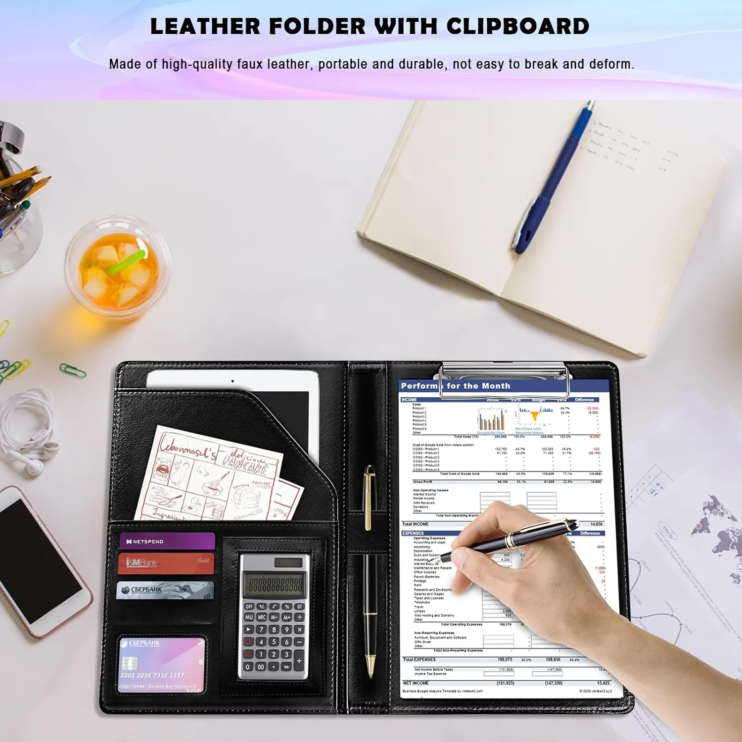 Clipboard Folder Padfolio Portfolio, Letter Leather Storage Clipboard for Cover for Legal Pad Holder 12.7x9.6 Inch Writing Pad, Ideal for Interviews,Resumes,and Conference Documents (Black-D)