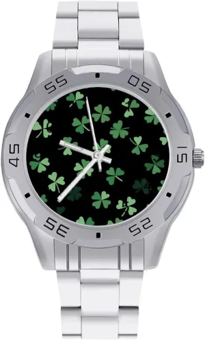 Clovers St. Patrick's Day Shamrocks Simple Stainless Steel Band Business Watch Dress Wrist Unique Luxury Work Casual Waterproof Watches