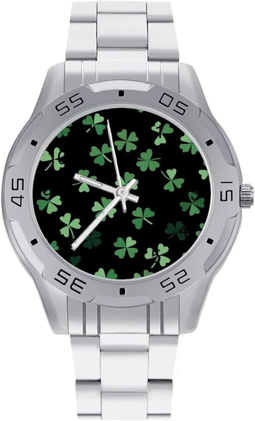 Clovers St. Patrick's Day Shamrocks Simple Stainless Steel Band Business Watch Dress Wrist Unique Luxury Work Casual Waterproof Watches