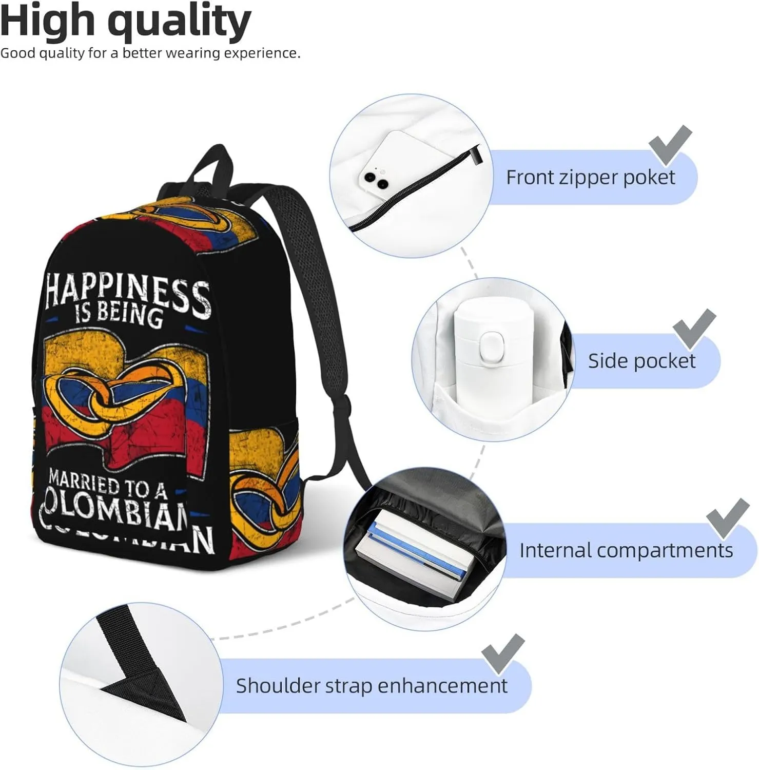Colombia Marriage Colombian Married Flag Culture Canvas Backpacks Laptop Backpack Multipurpose Double Shoulder Bag for Men Women Gifts Medium
