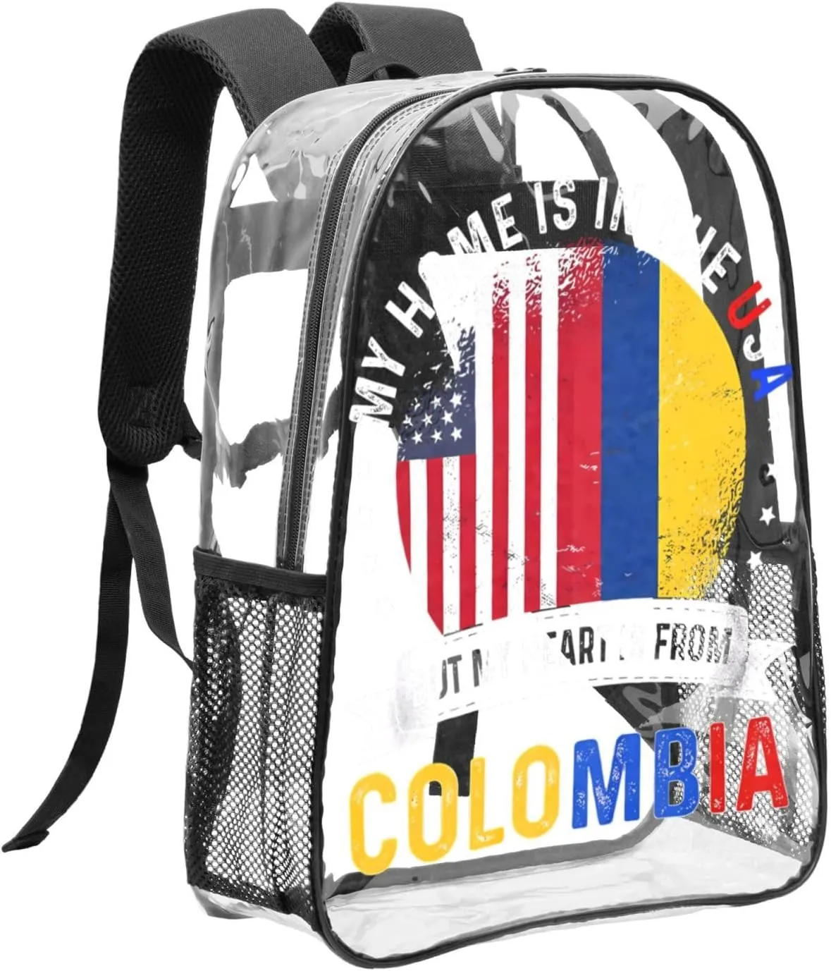 Colombian American Patriot Heart is from Colombia Flag 16 Inch Clear PVC Backpacks Transparent Backpack Multipurpose Double Shoulder Bag for Men Women Gifts