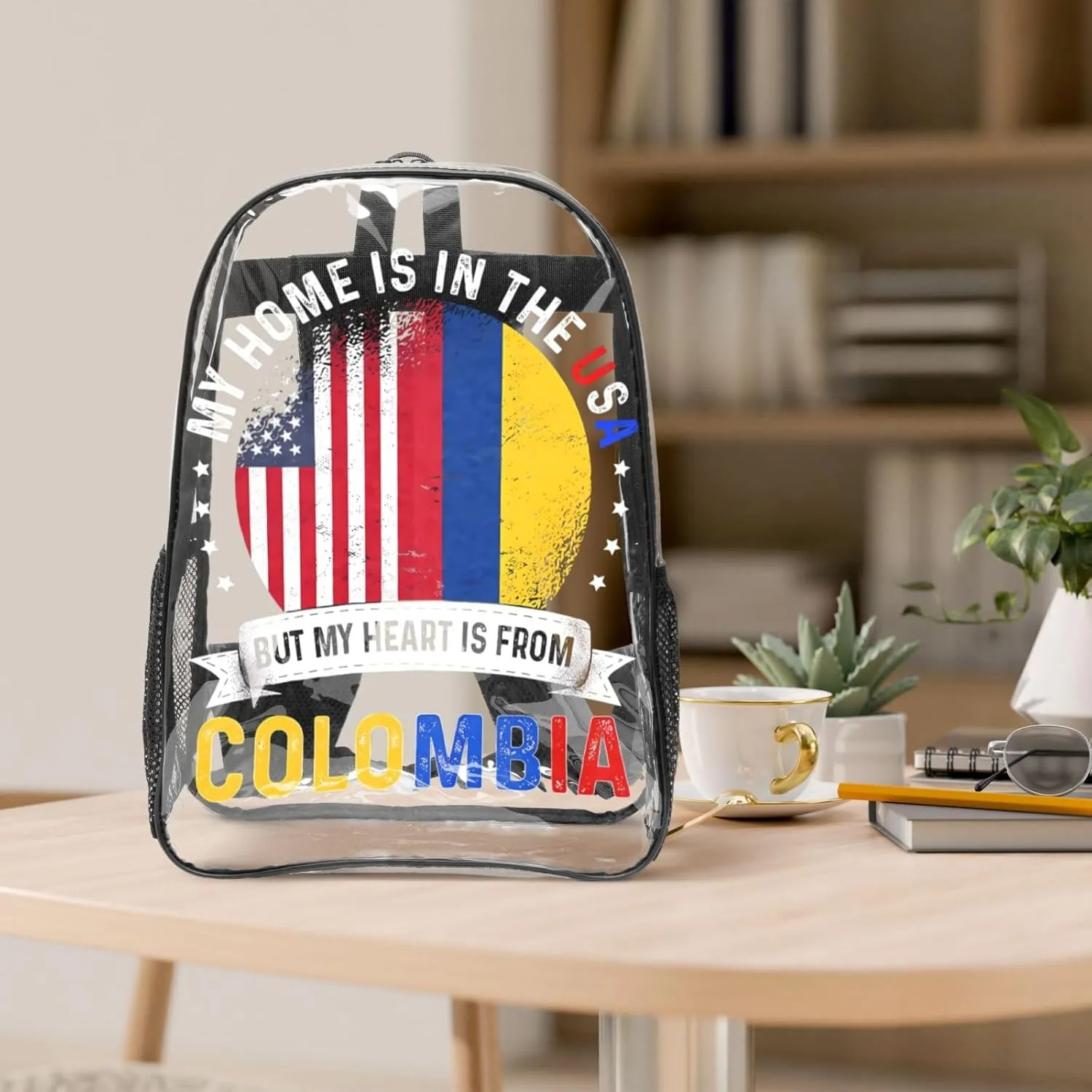 Colombian American Patriot Heart is from Colombia Flag 16 Inch Clear PVC Backpacks Transparent Backpack Multipurpose Double Shoulder Bag for Men Women Gifts