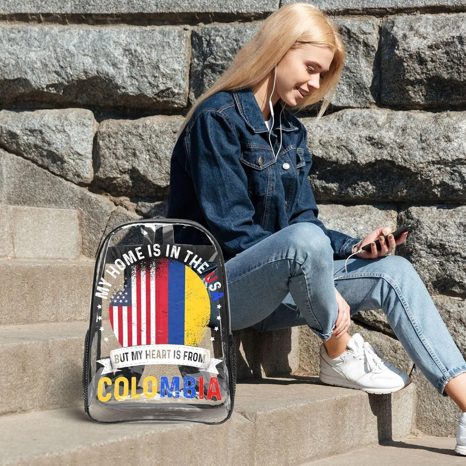 Colombian American Patriot Heart is from Colombia Flag 16 Inch Clear PVC Backpacks Transparent Backpack Multipurpose Double Shoulder Bag for Men Women Gifts