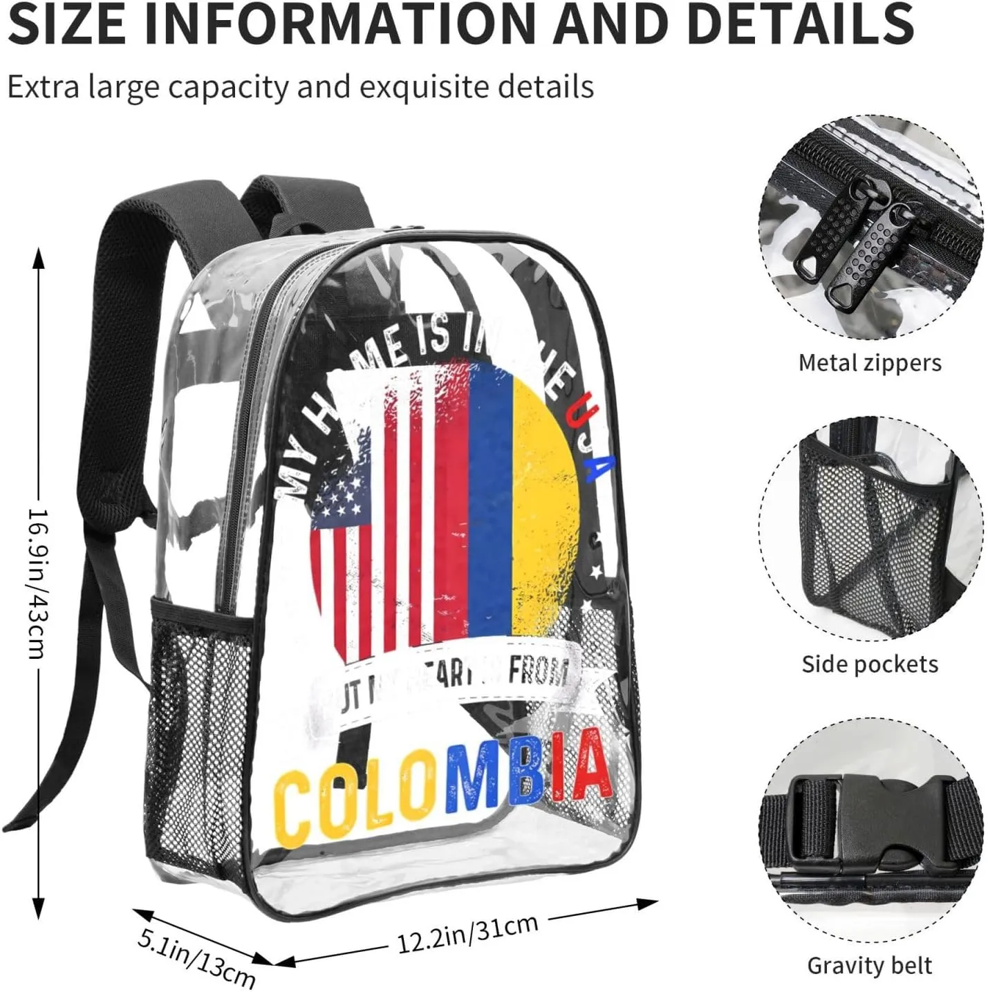 Colombian American Patriot Heart is from Colombia Flag 16 Inch Clear PVC Backpacks Transparent Backpack Multipurpose Double Shoulder Bag for Men Women Gifts