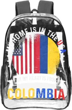 Colombian American Patriot Heart is from Colombia Flag 16 Inch Clear PVC Backpacks Transparent Backpack Multipurpose Double Shoulder Bag for Men Women Gifts