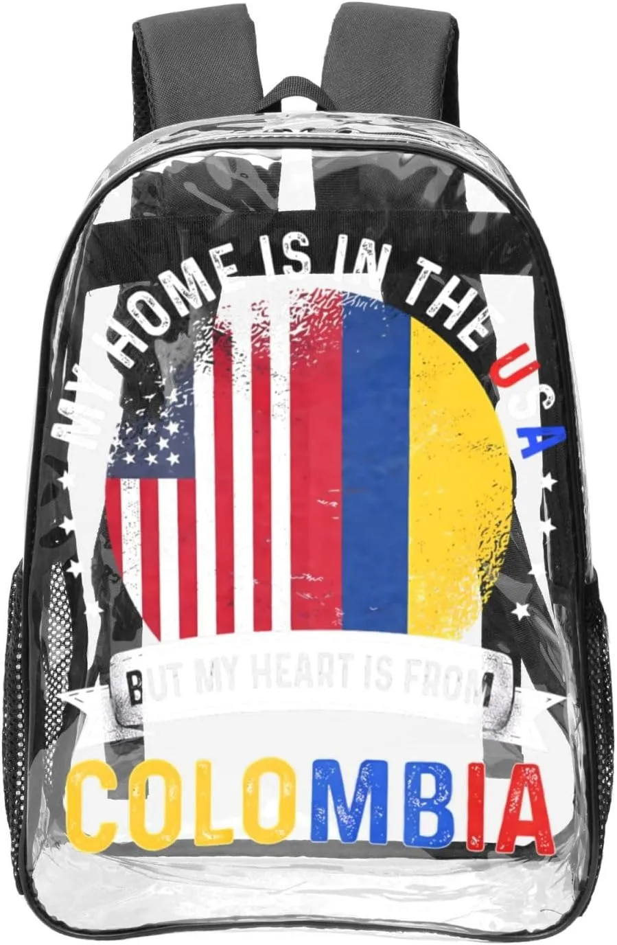 Colombian American Patriot Heart is from Colombia Flag 16 Inch Clear PVC Backpacks Transparent Backpack Multipurpose Double Shoulder Bag for Men Women Gifts