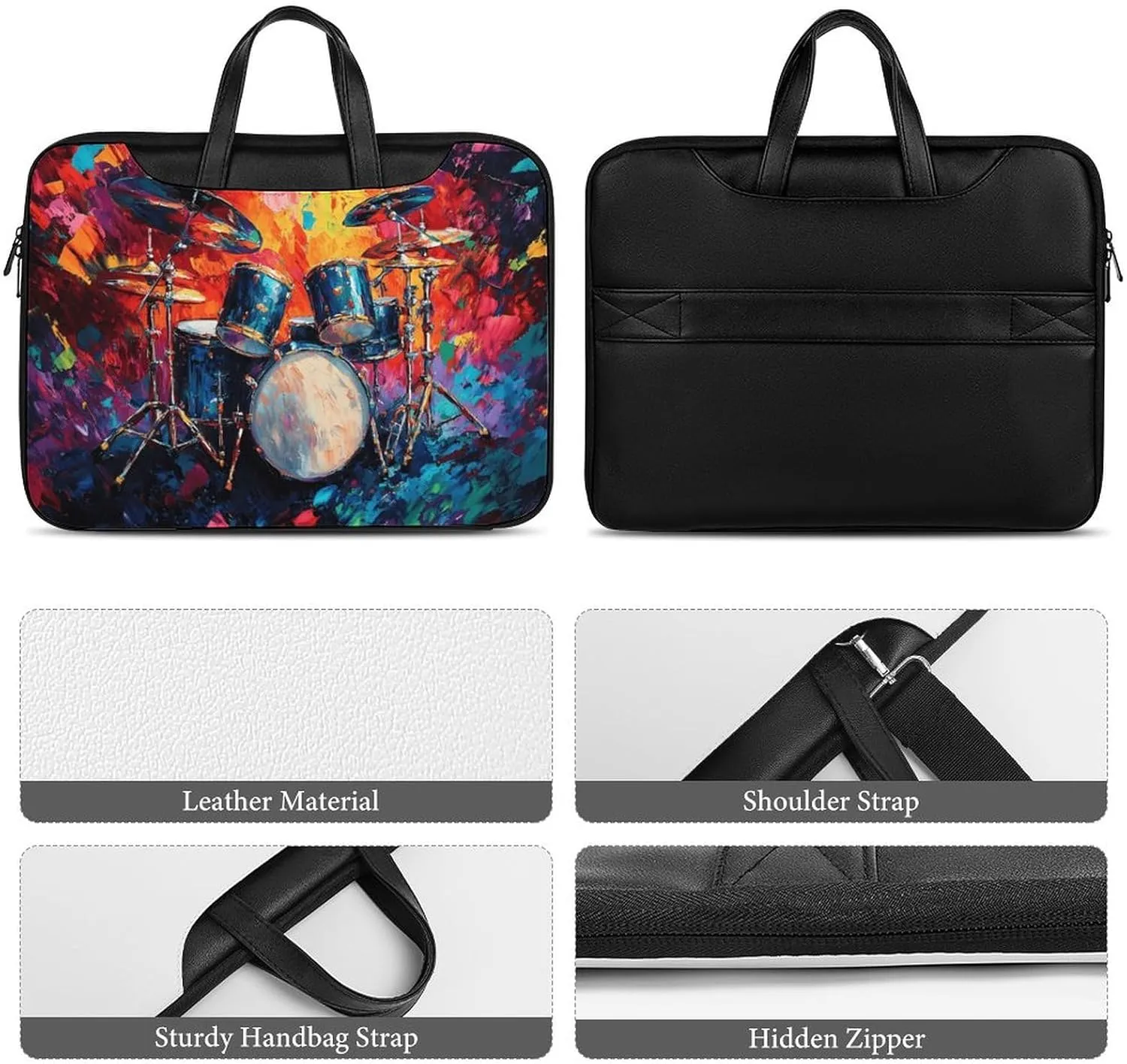 Colorful Drum Musical Instruments Leather Bag Laptop Case Slim Water Resistant Computer Bags with Handle Briefcase for Work