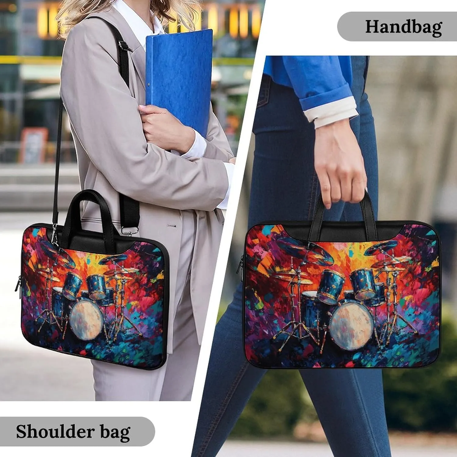 Colorful Drum Musical Instruments Leather Bag Laptop Case Slim Water Resistant Computer Bags with Handle Briefcase for Work
