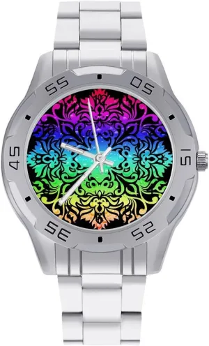 Colorful Ethnic Flowers Simple Wrist Watches for Men Silver Casual Big Face Dress Watch Easy to Read
