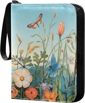 Colorful Flower Pattern Card Binder 4-Pocket, 400 Pockets Card Holder with 50 Removable Sleeves and Zipper for Games Baseball Football Sports Card