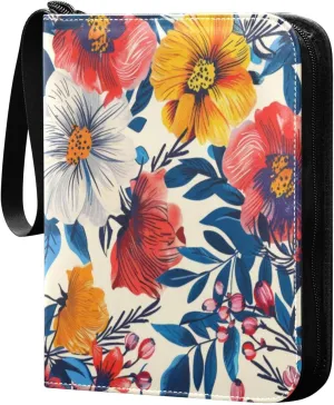 Colorful Flowers Card Binder 4-Pocket, 400 Pockets Card Holder with 50 Removable Sleeves and Zipper for Games Baseball Football Sports Card