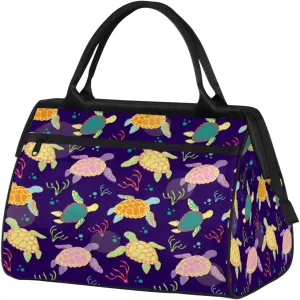 Colorful Sea Turtles Algae Gym Bag for Women Men, Travel Sports Duffel Bag with Trolley Sleeve, Waterproof Sports Gym Bag Weekender Overnight Bag Carry On Tote Bag for Travel Gym Sport
