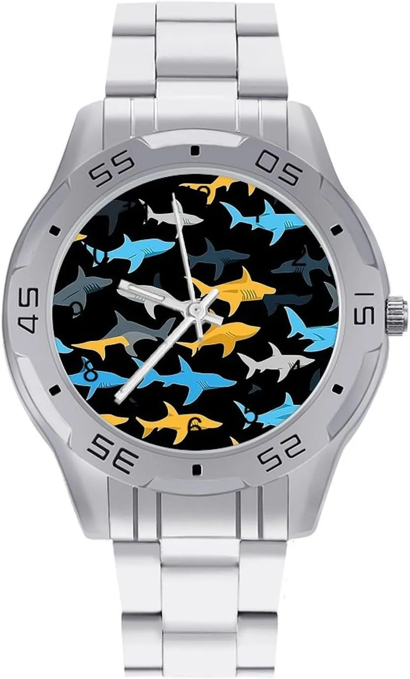 Colorful Sharks Simple Wrist Watches for Men Silver Casual Big Face Dress Watch Easy to Read