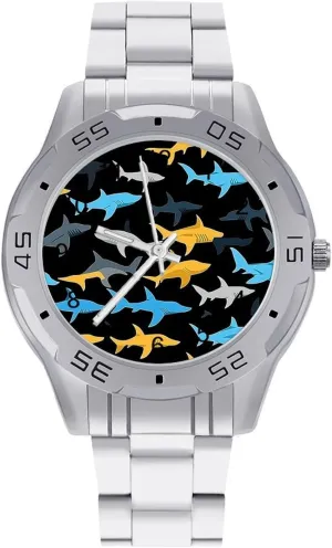 Colorful Sharks Simple Wrist Watches for Men Silver Casual Big Face Dress Watch Easy to Read