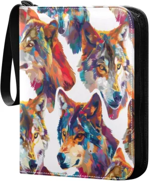 Colorful Wolves Card Binder 4-Pocket, 400 Pockets Card Holder with 50 Removable Sleeves and Zipper for Games Baseball Football Sports Card