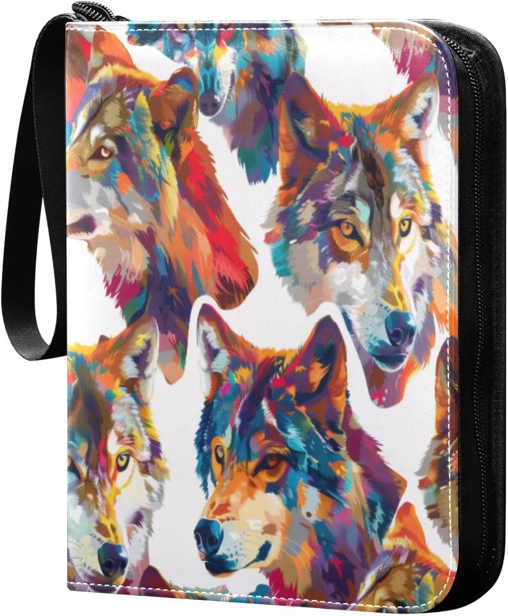 Colorful Wolves Card Binder 4-Pocket, 400 Pockets Card Holder with 50 Removable Sleeves and Zipper for Games Baseball Football Sports Card